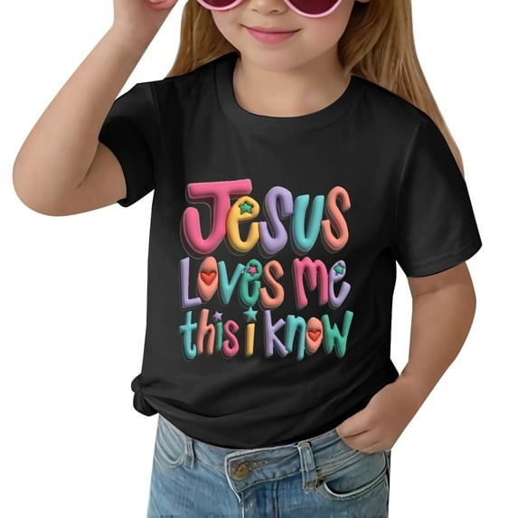 "Jesus Loves Me Colorful Letter Print Round Neck T-Shirt for Children, Festive and Daily Wear, Stylish and Comfy"