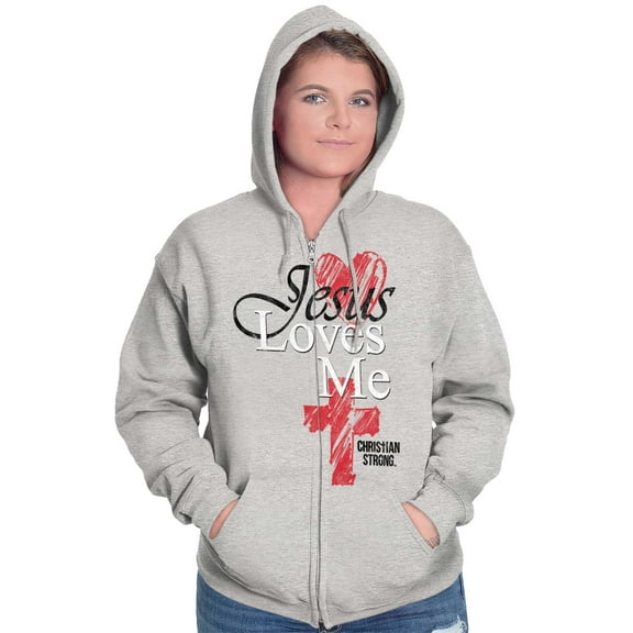 Jesus Loves Me Heart Cross Faith Womens Plus Size Graphic Zipper Hoodie Brisco Brands 5X