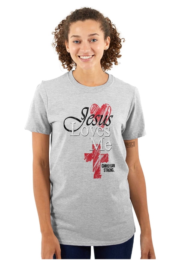 Jesus Loves Me Heart Cross Faith Women's Graphic T Shirt Tees Brisco Brands X