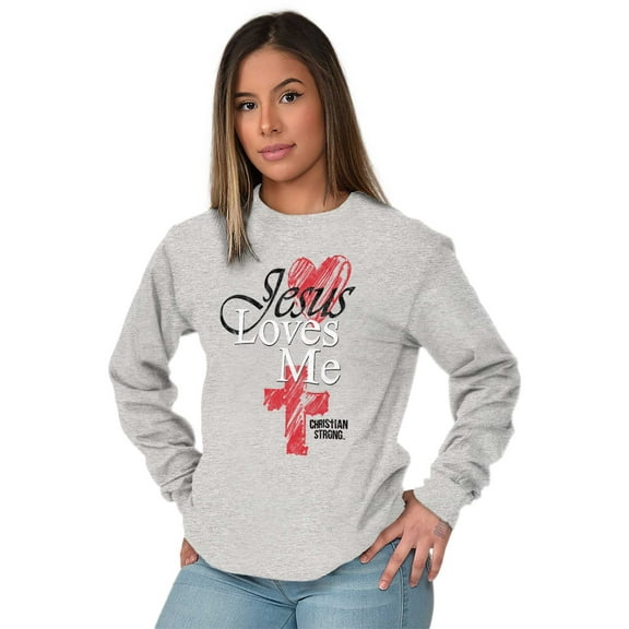 Jesus Loves Me Heart Cross Faith Women Plus Size Long Sleeve Graphic Tee Brisco Brands 3X