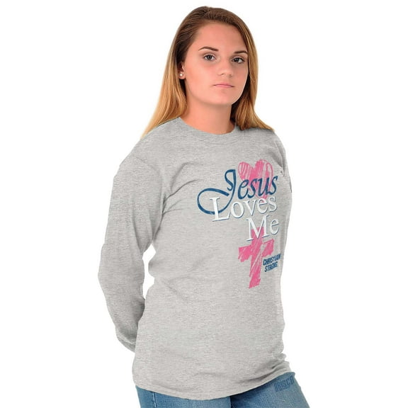Jesus Loves Me Heart Cross Faith Women's Long Sleeve T Shirt Brisco Brands S