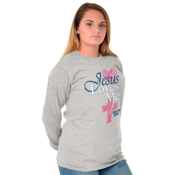 Jesus Loves Me Heart Cross Faith Women's Long Sleeve T Shirt Brisco Brands S