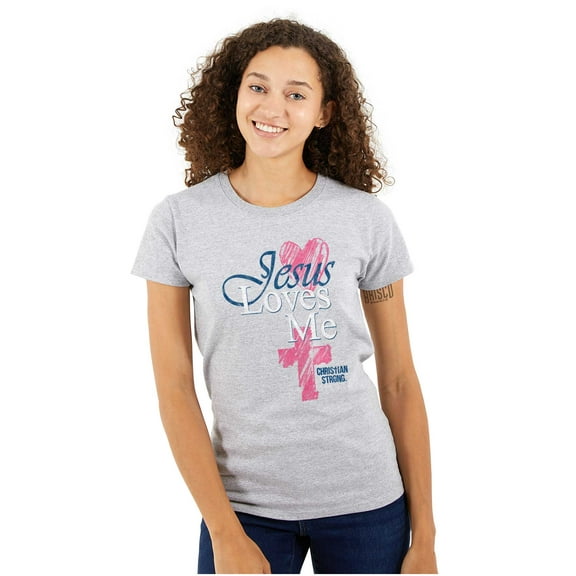 Jesus Loves Me Heart Cross Faith Womens Slim Fit Graphic Tee Brisco Brands S