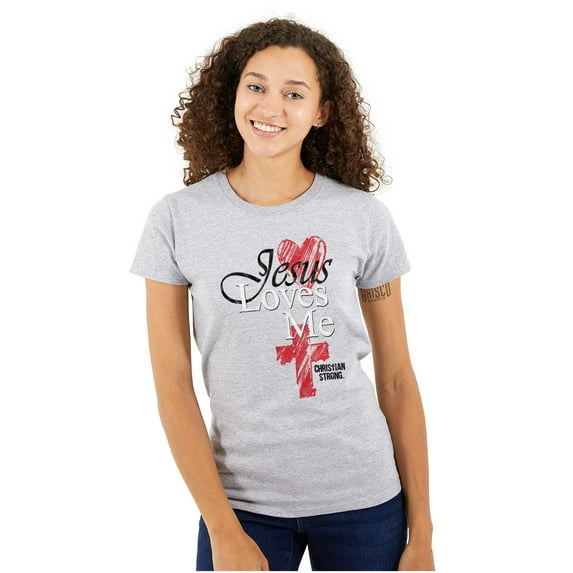 Jesus Loves Me Heart Cross Faith Womens Fitted Plus Size Graphic Tee Brisco Brands 2X
