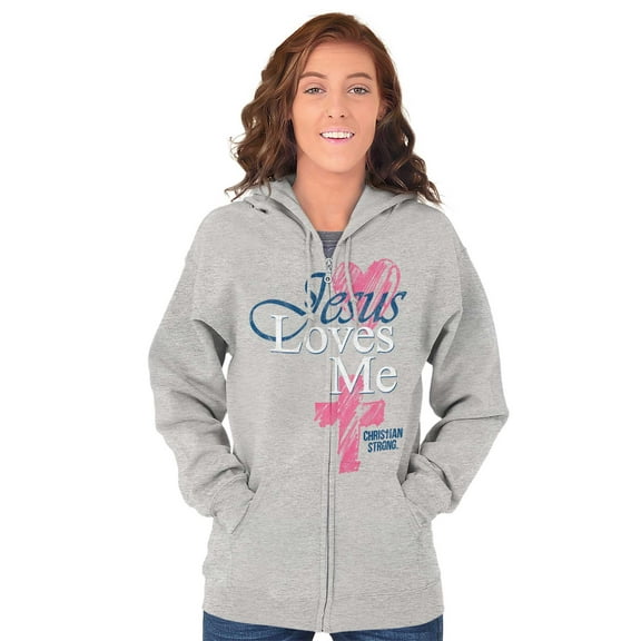 Jesus Loves Me Heart Cross Faith Zip Hoodie Sweatshirt Women Brisco Brands S