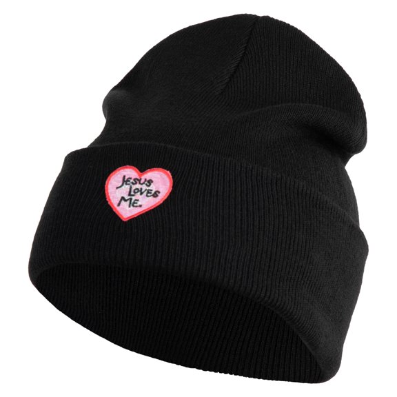 Jesus Loves Me Heart Iron on Patched 12 Inch Long Knitted Beanie - Black OSFM