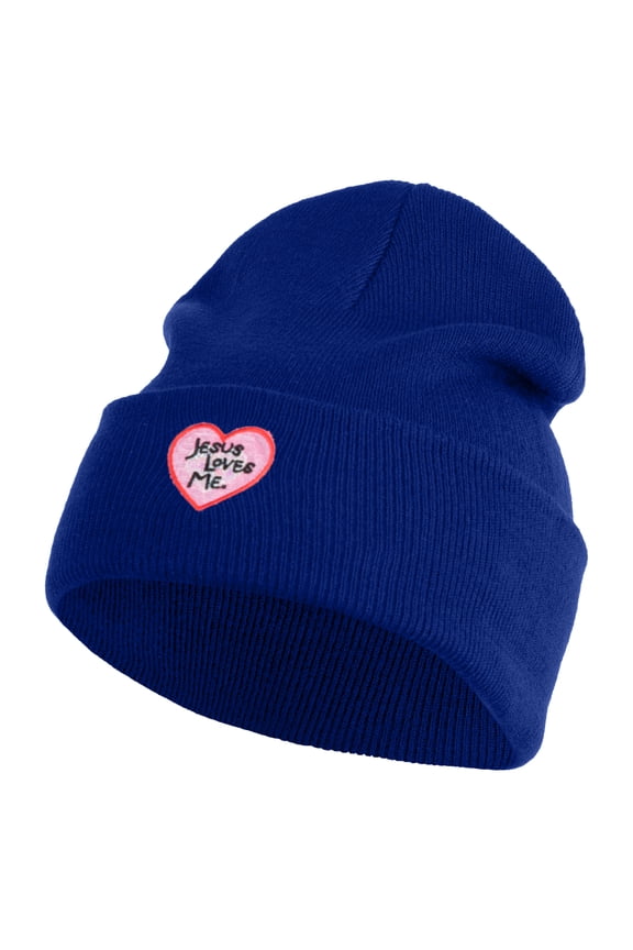 Jesus Loves Me Heart Iron on Patched 12 Inch Long Knitted Beanie - Royal OSFM