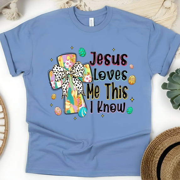 Jesus Loves Me T-Shirt | Colorful Cross Graphic Christian Tee, CarolinaBlue, Size XL