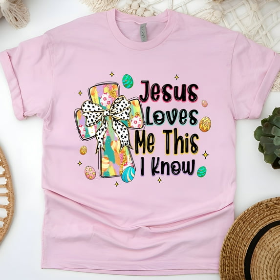 Jesus Loves Me T-Shirt | Colorful Cross Graphic Christian Tee, Light Pink, Size XL