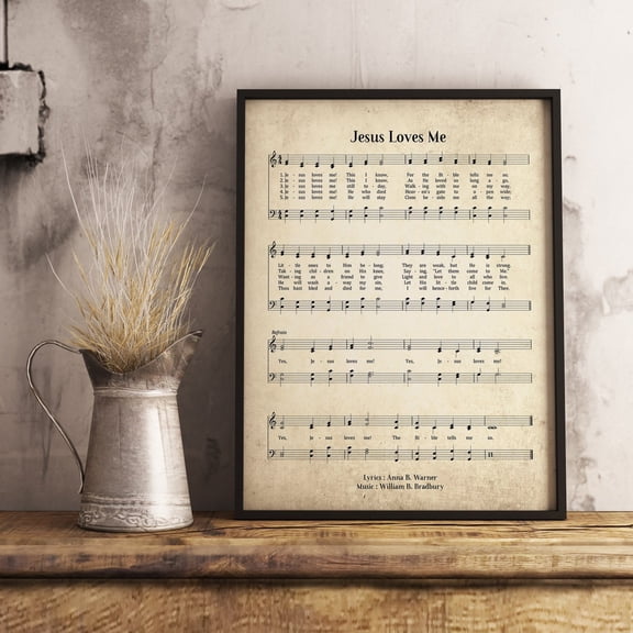 Jesus Loves Me Vintage Wall Art Print, Church Hymn Religious Poster, Bible Sheet Music Wall Decor, Home Office Decor
