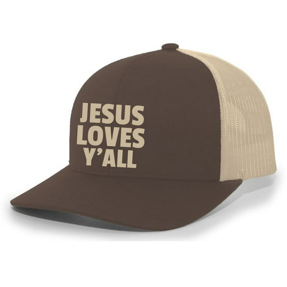 Jesus Loves Y'all Christian Mens Hat Embroidered Mesh Back Trucker Baseball Cap, Brown/Khaki