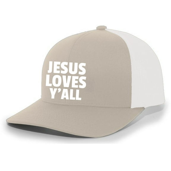 Jesus Loves Y'all Christian Mens Hat Embroidered Mesh Back Trucker Baseball Cap, Khaki/White