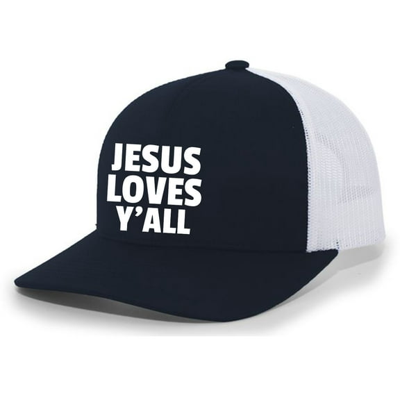 Jesus Loves Y'all Christian Mens Hat Embroidered Mesh Back Trucker Baseball Cap, Navy/White