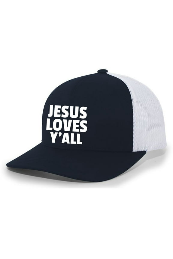 Jesus Loves Y'all Christian Mens Hat Embroidered Mesh Back Trucker Baseball Cap, Navy/White