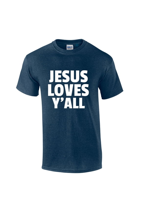 Jesus Loves Y'all Mens Christian Short Sleeve T-Shirt Graphic Tee-Heather Navy-medium