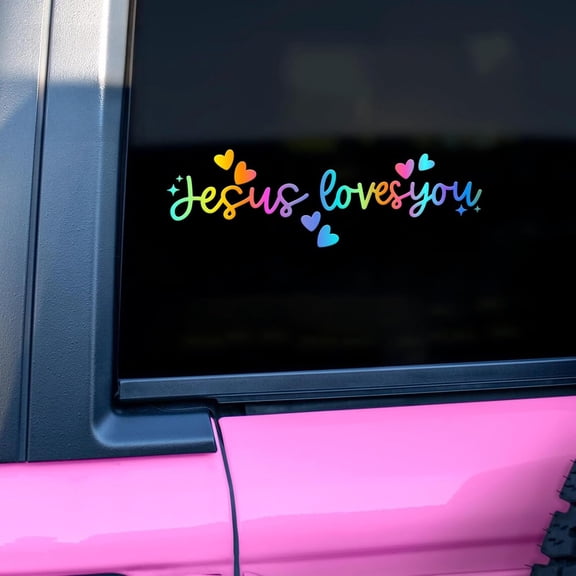 Jesus Loves You Car Window Decal, Christian Vinyl Sticker for Cars Trucks SUVs, Waterproof Holographic Rainbow Hearts Script Design, 2 Pack