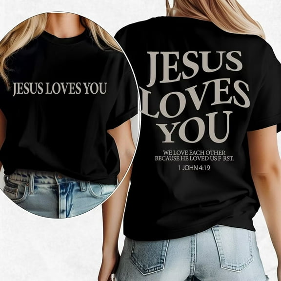 Jesus Loves You Christian Merch Pattern Womens T Shirt Christian Bible Verse Graphic Tees Short Sleeve Tops Black,L