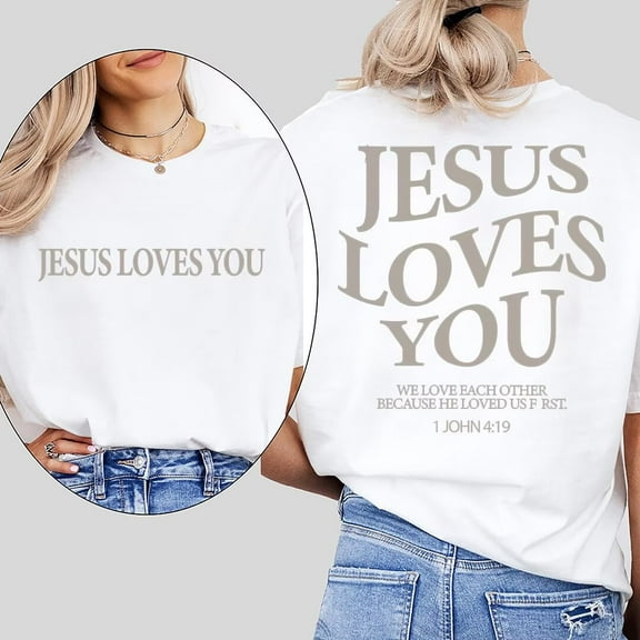 Jesus Loves You Christian Merch Pattern Womens T Shirt Christian Bible Verse Graphic Tees Short Sleeve Tops White,L