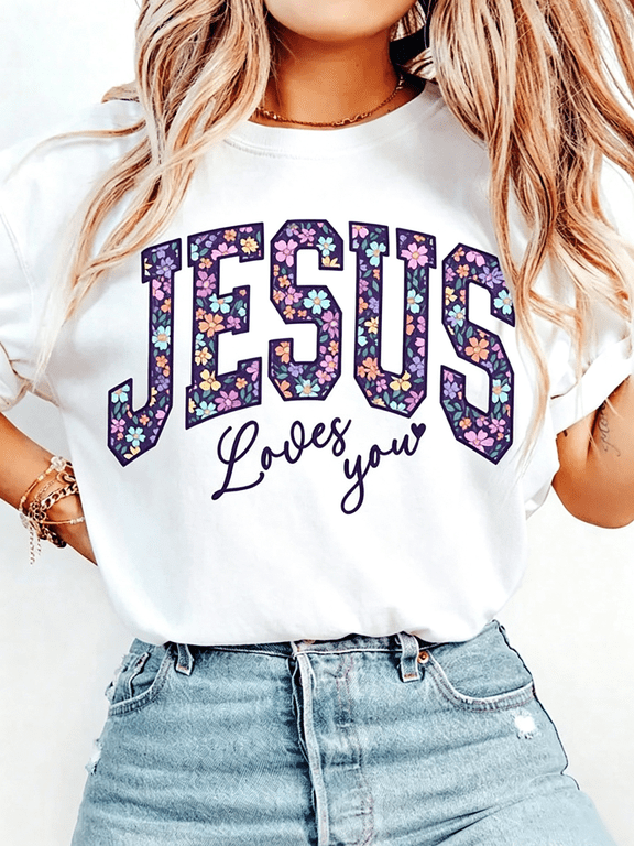 Jesus Loves You Floral Letter Print Graphic T-Shirt For Women Oversize Christian Religion Faith Flower Pattern Short Sleeve Tee