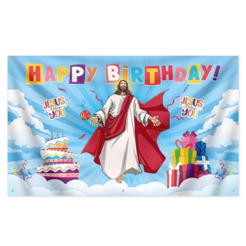 Jesus Loves You Happy Birthday Banner 43x71 IN Church Activities and Garden Birthday Party Religious Tapestry Christian Decoration Indoor and Outdoor Birthday Background Jesus Poster