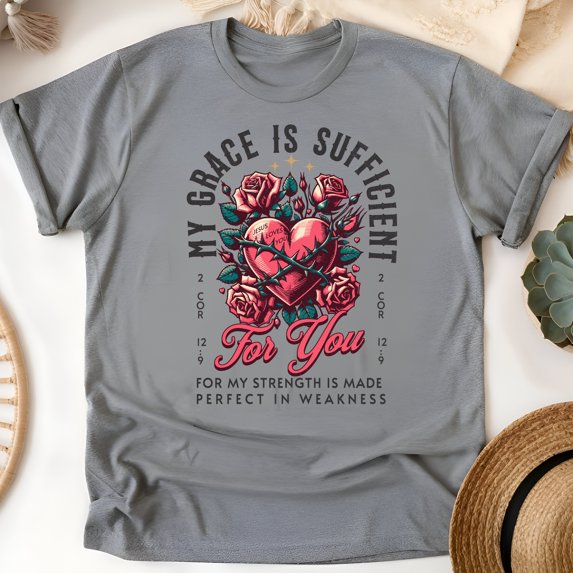 Jesus Loves You Heart and Roses Shirt – Grace Strength Bible Verse Tee, Graphite Heather, Size L