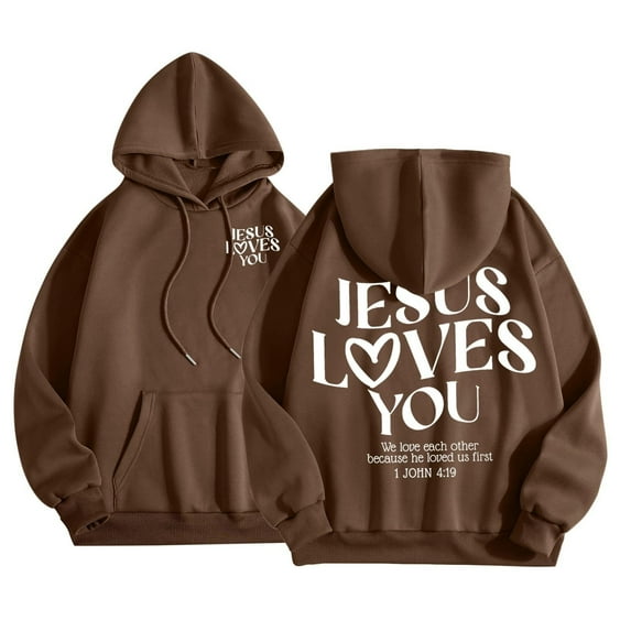 Jesus Loves You Hoodie Christian Faith Sweatshirt for Teen Girls Long Sleeve Jesus Hoodies Bible Verse Sweatshirts Oversized Religious Sayings Pullover Hoodies Camel M