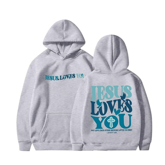 Jesus Loves You Hoodie Christian Faith Sweatshirt for Women Long Sleeve Jesus Hoodie Bible Verse Sweatshirts Oversized Christian Religious Sayings Pullover Sweater Gray M
