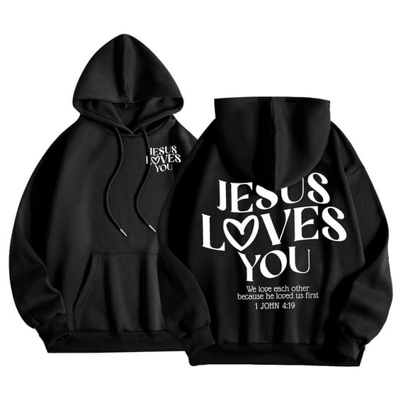 Jesus Loves You Hoodie Christian Sweatshirt for Teen Girls Long Sleeve Jesus Hoodie Bible Verse Sweater Oversized Religious Sayings Pullover Hoodies Black L