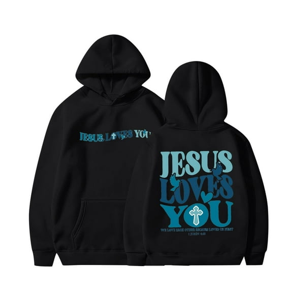 Jesus Loves You Hoodie Christian Sweatshirts for Teen Girls Long Sleeve Jesus Hoodies Christian Religious Sayings Pullover Sweater Oversized Bible Verse Sweater Black M