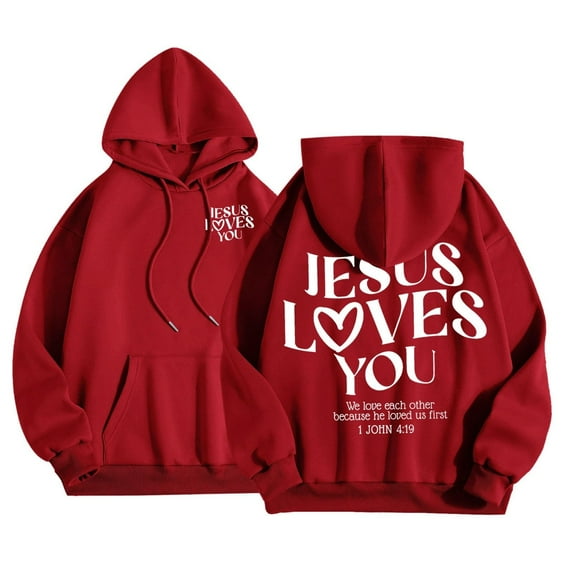 Jesus Loves You Hoodie for Teen Girls Christian Faith Sweatshirt Long Sleeve Jesus Hoodie Bible Verse Sweatshirts Oversized Christian Religious Sayings Pullover Sweater Red XXXL