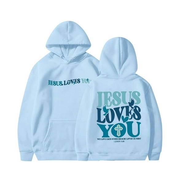 Jesus Loves You Hoodie for Teen Girls Christian Sweatshirt Long Sleeve Jesus Hoodie Christian Religious Sayings Pullover Sweater Oversized Bible Verse Shirts Light Blue XL