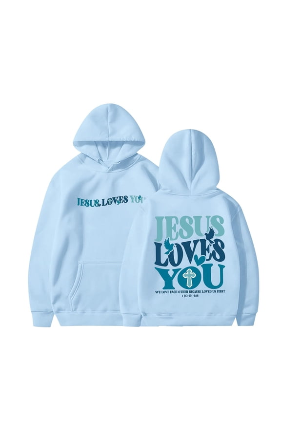 Jesus Loves You Hoodie for Women Christian Sweatshirt Long Sleeve Jesus Hoodie Bible Verse Sweater Oversized Christian Religious Sayings Pullover Sweater Light Blue M