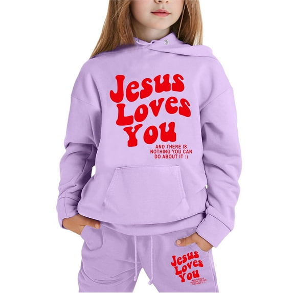 Jesus Loves You Hoodies Set for Girls Trendy Clearance Letter Print Long Sleeve Pullover Clothing Loose Casual Hooded Sweatshirt with Kangaroo Pocket,Light ,8-9 Years