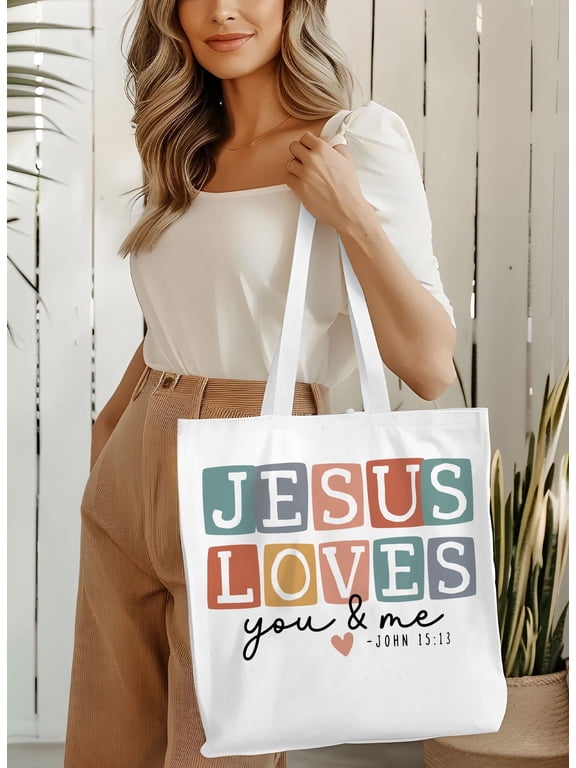 Jesus Loves You & Me Tote Bag | Boho Christian Canvas Bag with Bible Verse | Faith-Inspired Gift for Church, Shopping & Daily Use
