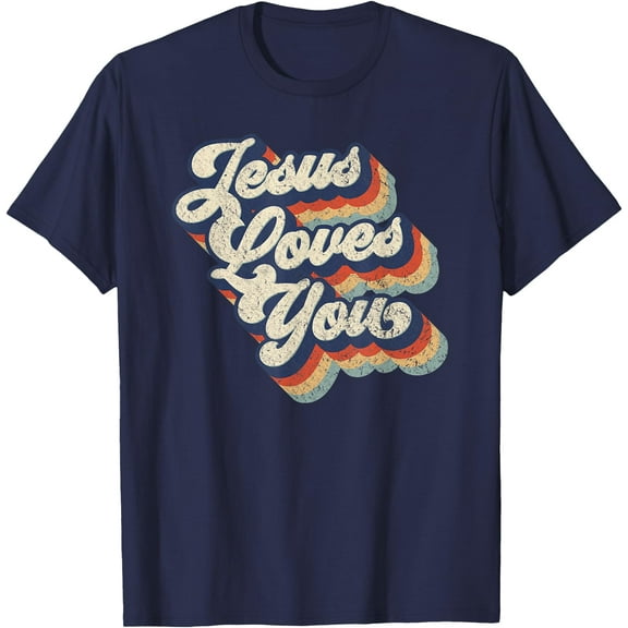 Jesus Loves You Retro Vintage Style Graphic Design Unisex T-Shirt for Men Women Kids ,Navy Color,Size 2XL