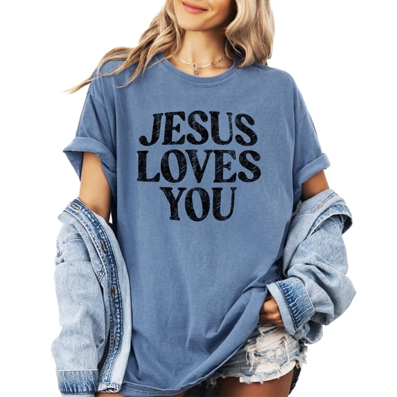 Jesus Loves You Shirt for Women Christian Faith Easter Inspirational Distressed Tee Blue Jean Shirt Adult Small