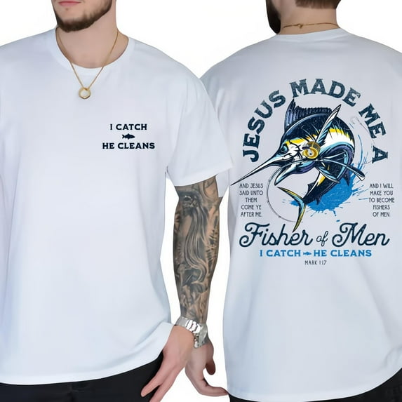 Jesus Made Me A Fisher Graphic Tees of Mens Christian Fishing Print T Shirts Short Sleeve Casual Tops for Daily Outfits White,L