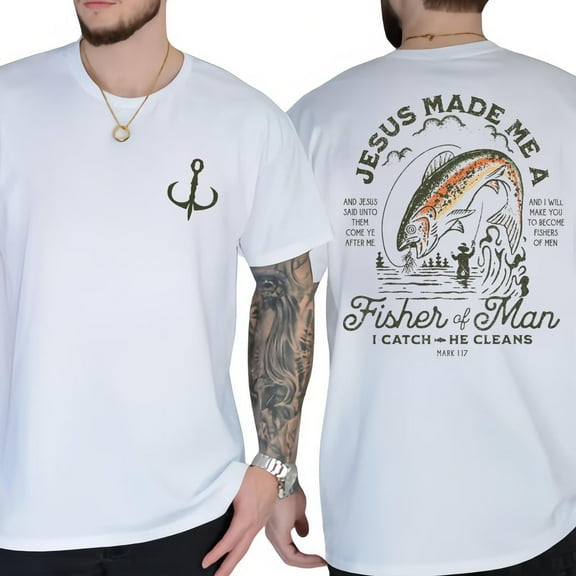 Jesus Made Me A Fisher Of Man I Catch He Cleans Graphic Tees Christian Print T Shirts Short Sleeve Casual Tops for Daily Outfits White,M