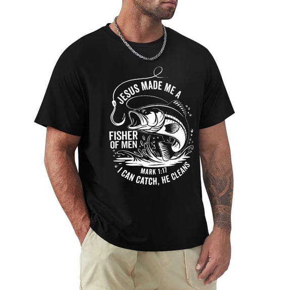 Jesus Made Me A Fisherman Exuberant Men's Cotton Short Sleeve HD Print Tee for Casual T-Shirt Crew Neck Top Black 3XL