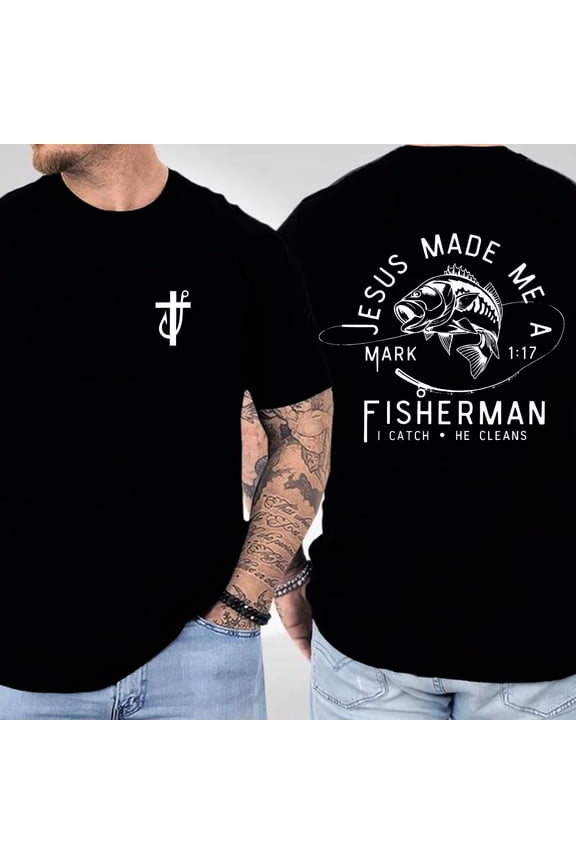 Jesus Made Me a Fishermen Print T Shirts for Mens Christian Cross Fish Hook Graphic Tees Short Sleeve Casual Tops for Daily Outfits Black,3XL