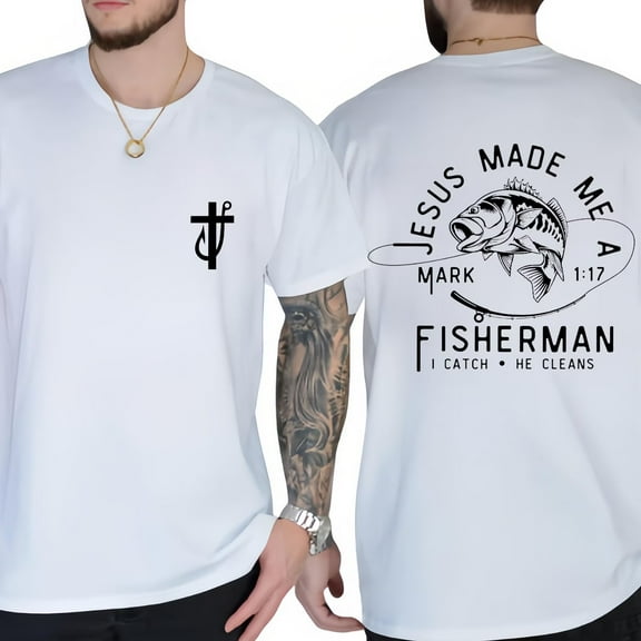 Jesus Made Me a Fishermen Print T Shirts for Mens Christian Cross Fish Hook Graphic Tees Short Sleeve Casual Tops for Daily Outfits White,2XL