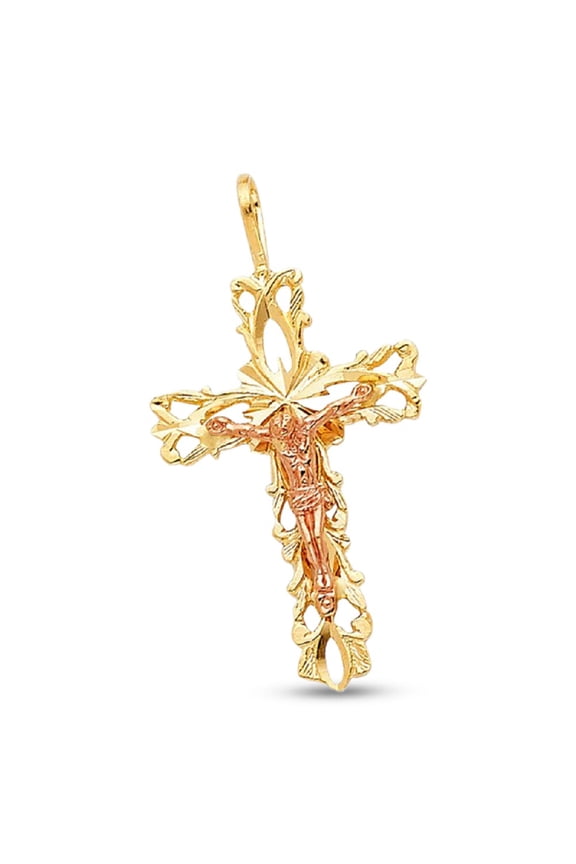Jesus Medieval Cross Pendant Solid 14k Yellow Rose Gold Crucifix Charm Two Tone Genuine 27 x 17 mm