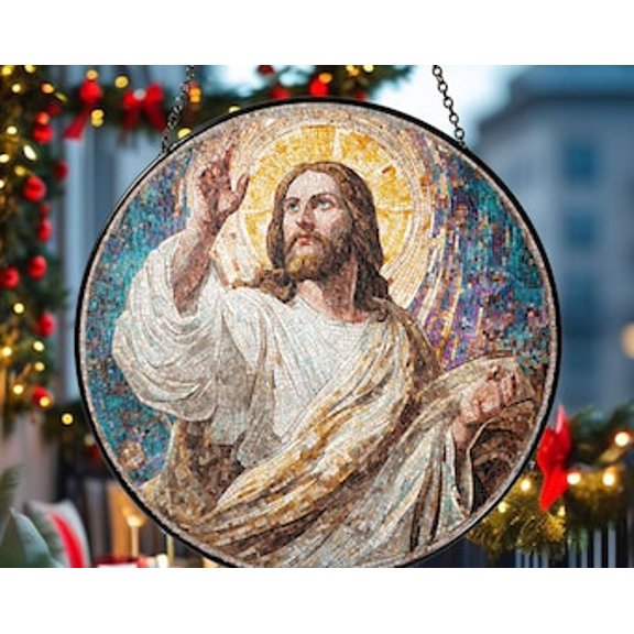 Jesus Mosaic Glass Suncatcher Round Christian Window Hanging, 3.5 in