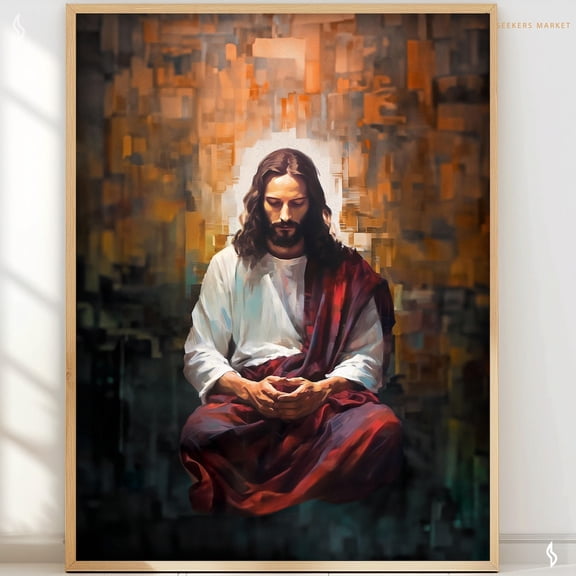 Jesus Mosaic Portrait Brown Tiled Art Boho Christian Wall Decor Unframed Paper Print