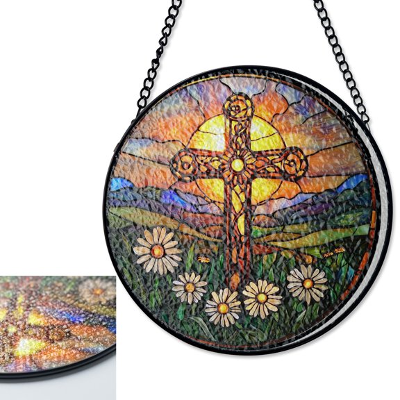 Jesus Mountain Sunset Cross Stained Glass Suncatcher, Christian Window Decor