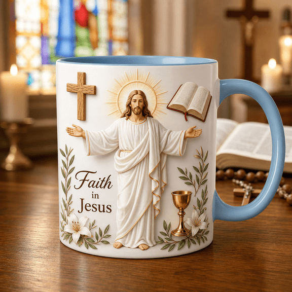 Jesus Mug 3D Effect Faith in Jesus Religious Gift for Christian Coffee Lovers