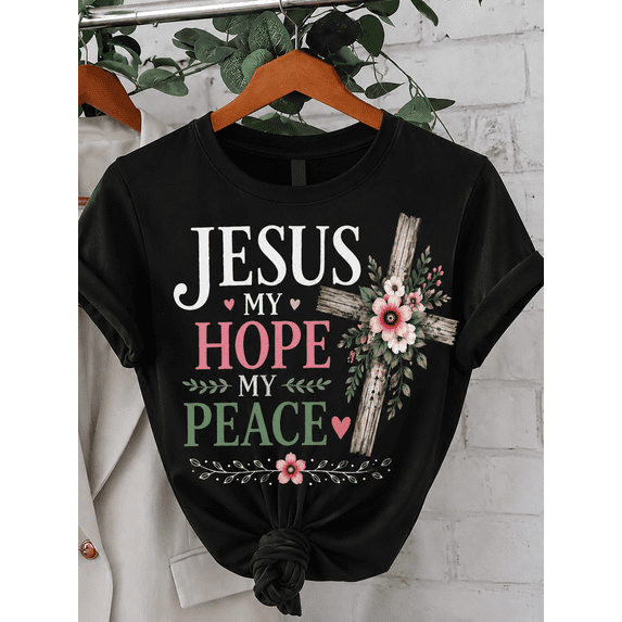 Jesus My Hope My Peace Christian Graphic T-Shirt Floral Cross Faith Inspirational Tee