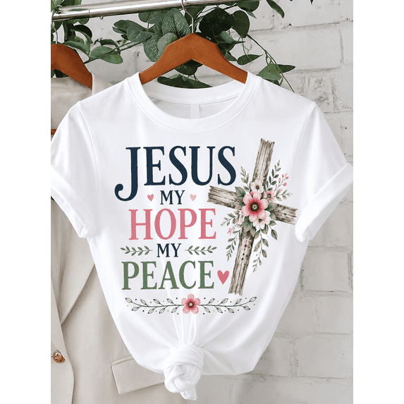 Jesus My Hope My Peace Christian Graphic T-Shirt Floral Cross Faith Inspirational Tee