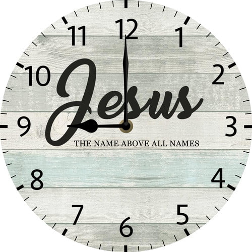 Jesus Name Above All Names Quote Wall Clock, Bible Verse Wall Decor, Religious Pray Home Decoration, Christian Inspirational Saying Wood Clock Silent Non Ticking Battery Operated 10x10 Inch