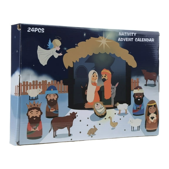 Jesus Nativity Set 24 Mini Figurines, Holy Family, Magi, Shepherd, Angel, Sheep, Stable, Animals, Fences, Resin Material, Interactive Christmas Countdown Calendar for Children and Youth